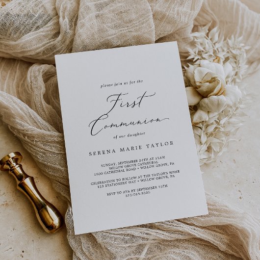 Invitation Calligraphie noire délicate Première communion