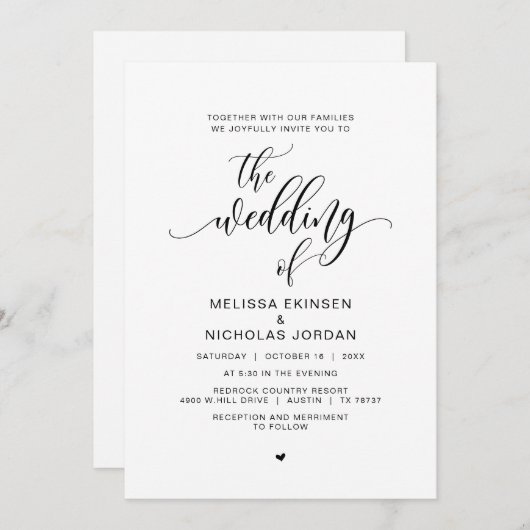 Invitation Calligraphie noire moderne, Mariage (Devant / Derrière)