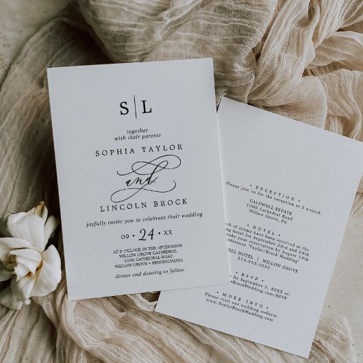 Invitation Calligraphie Noire Romantique Tout En Un Mariage