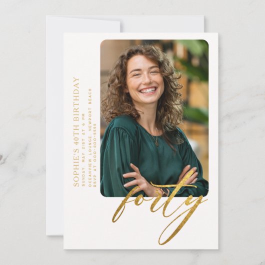 Invitation Calligraphie or blanc Moderne 40e anniversaire Pho (Devant)