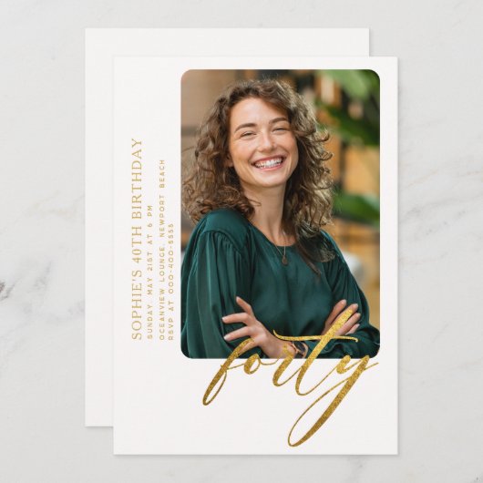 Invitation Calligraphie or blanc Moderne 40e anniversaire Pho (Devant / Derrière)