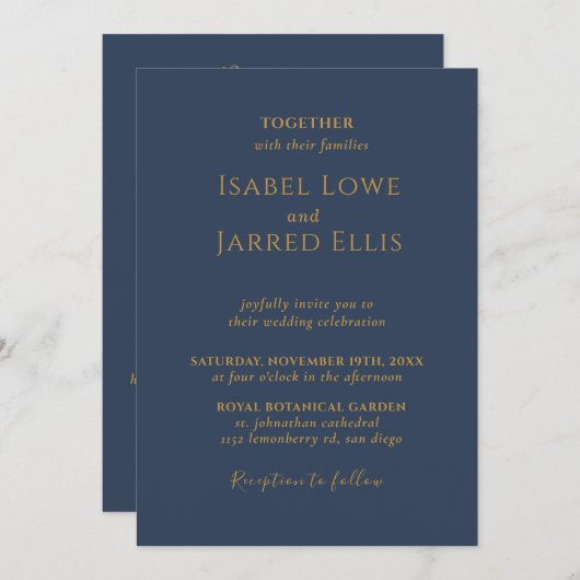 Invitation Calligraphie Or Bleu foncé Tout en un Mariage (Devant / Derrière)