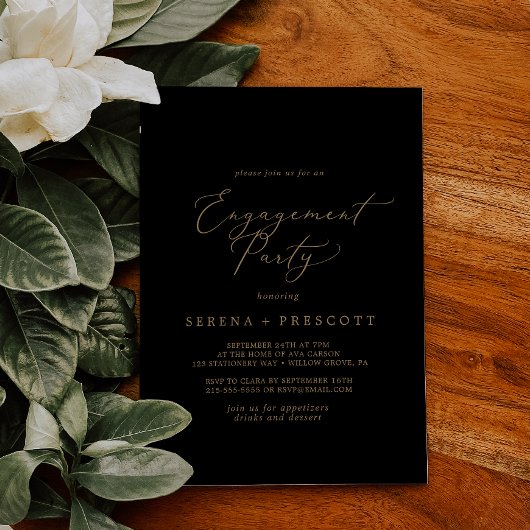Invitation Calligraphie Or Délicate | Black Engagement Party