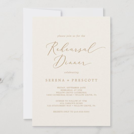 Invitation Calligraphie Or Délicate | Dîner de répétition de  (Devant)