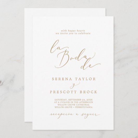 Invitation Calligraphie Or Delicate La Boda De Mariage (Devant / Derrière)