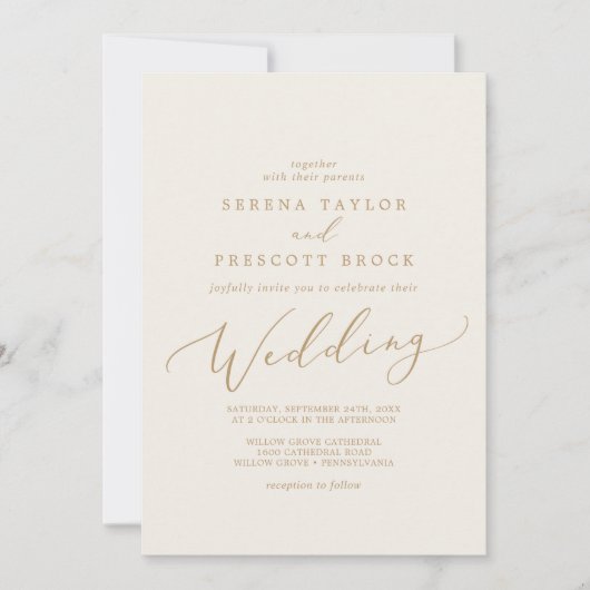 Invitation Calligraphie Or Délicate | Mariage de crème (Devant)