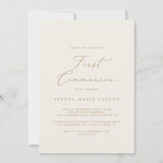 Invitation Calligraphie Or Délicate | Première communion de c (Devant)