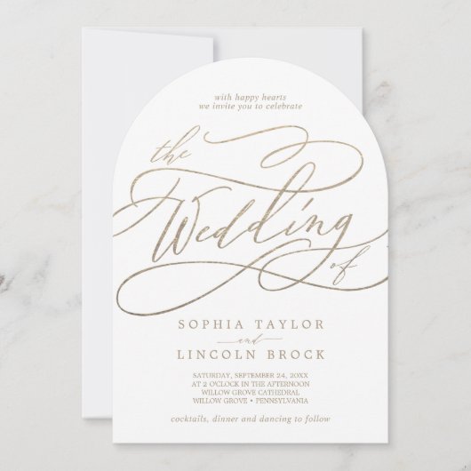 Invitation Calligraphie Or Romantique Flourdissant Arc Mariag (Devant)