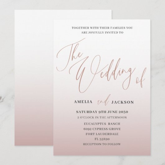 Invitation Calligraphie Or Rose Moderne Le Mariage De (Devant / Derrière)