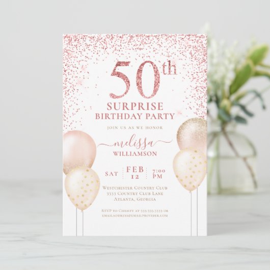 Invitation Calligraphie or rose Surprise 50e anniversaire (Debout devant)