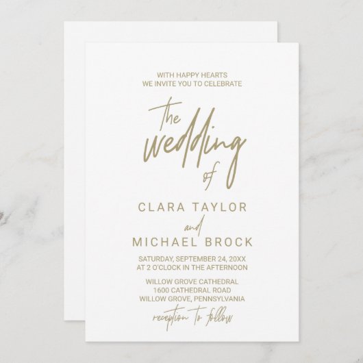 Invitation Calligraphie Or Whimsical Le Mariage De (Devant / Derrière)