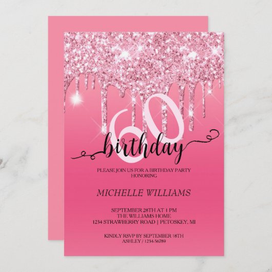 Invitation Calligraphie Parties scintillant argent rose Anniv (Devant / Derrière)