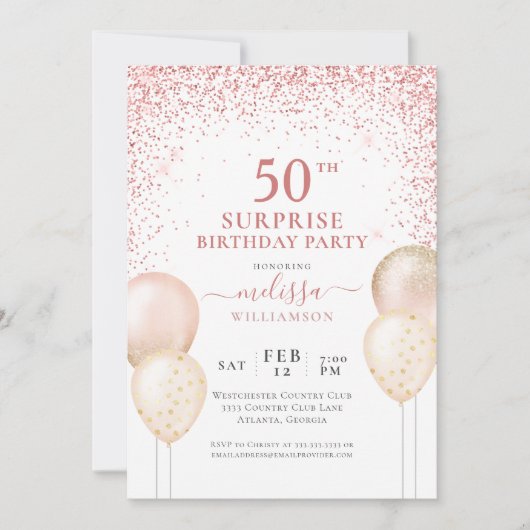 Invitation Calligraphie Parties scintillant rose Surprise 50e (Devant)