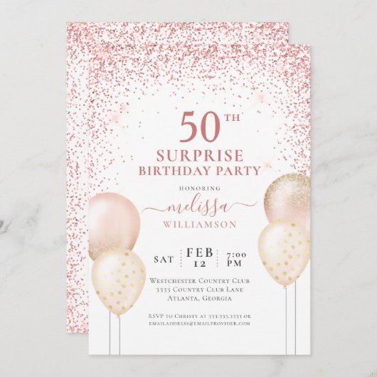 Invitation Calligraphie Parties scintillant rose Surprise 50e (Devant / Derrière)