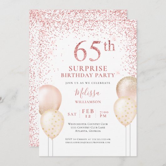 Invitation Calligraphie Parties scintillant rose Surprise 65e (Devant / Derrière)