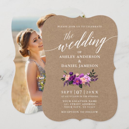 Invitation Calligraphie Purple Floral Mariage Kraft Photo (Devant / Derrière)