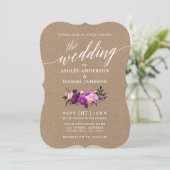 Invitation Calligraphie Purple Floral Mariage Kraft Photo (Debout devant)