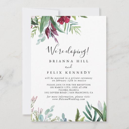 Invitation Calligraphie Réception Tropicale Florale Elopement (Devant)