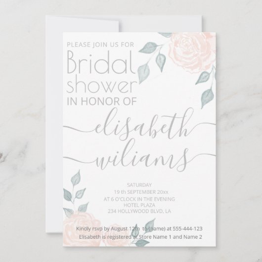 Invitation Calligraphie romantique aquarelle roses (Devant)