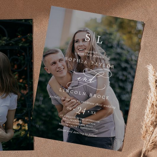 Invitation Calligraphie romantique Dark Photo Monogramme Mari