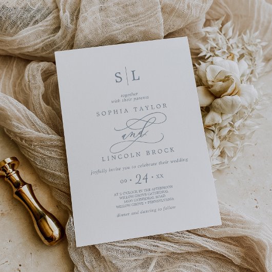 Invitation Calligraphie romantique | Dusty Blue Monogram Mari