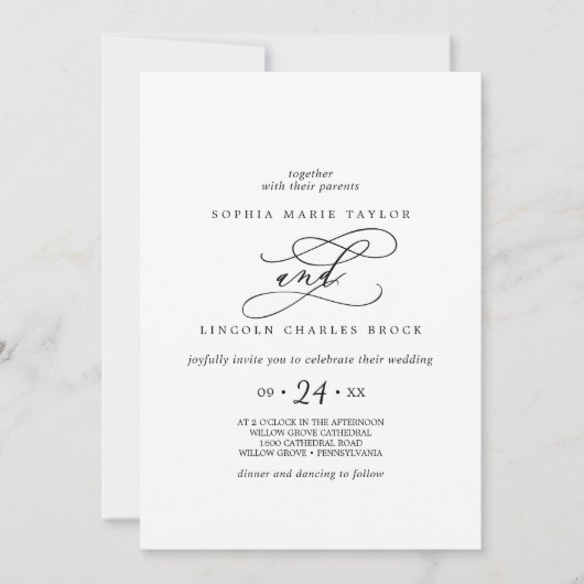 Invitation Calligraphie romantique | Nom complet Mariage flor (Devant)
