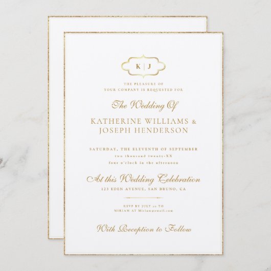 INVITATION CALLIGRAPHIE ROMANTIQUE OR CLASSIQUE MARIAGE MONOG (Devant / Derrière)