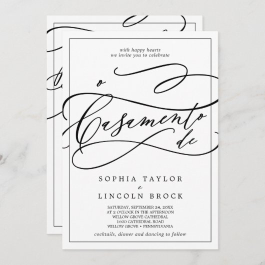 Invitation Calligraphie romantique Tout en un Mariage portuga (Devant / Derrière)