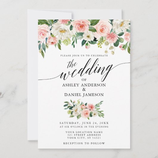 Invitation Calligraphie Rose Blush Floral Mariage W (Devant)