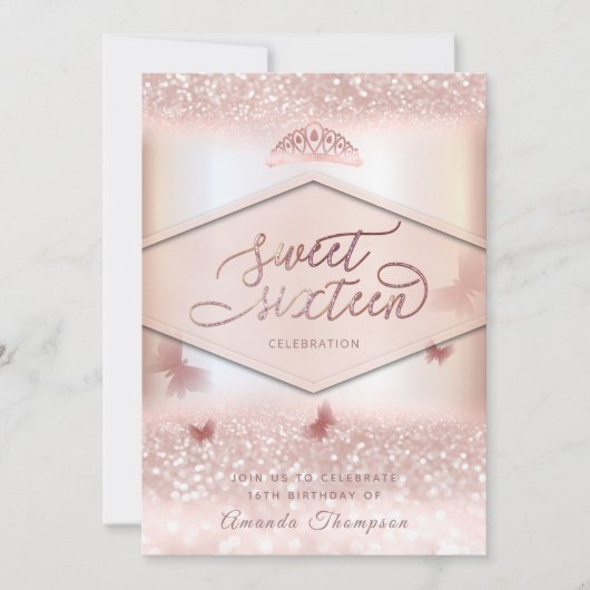 Invitation calligraphie rose de la tiare papillon d'or (Devant)