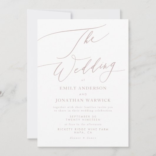 Invitation Calligraphie rose moderne Mariage simple (Devant)