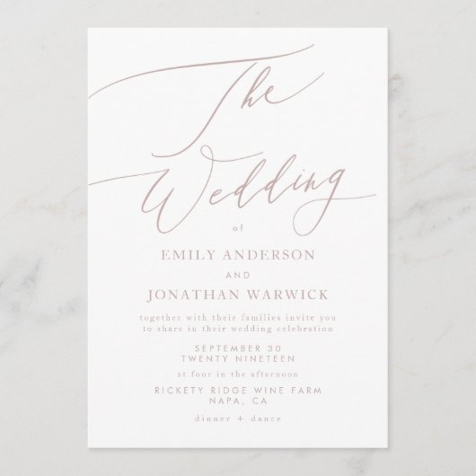 Invitation Calligraphie rose moderne Mariage simple (Devant)