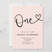 Invitation Calligraphie rose pâle Coeur 1er anniversaire (Devant)