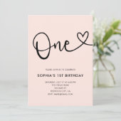 Invitation Calligraphie rose pâle Coeur 1er anniversaire (Debout devant)