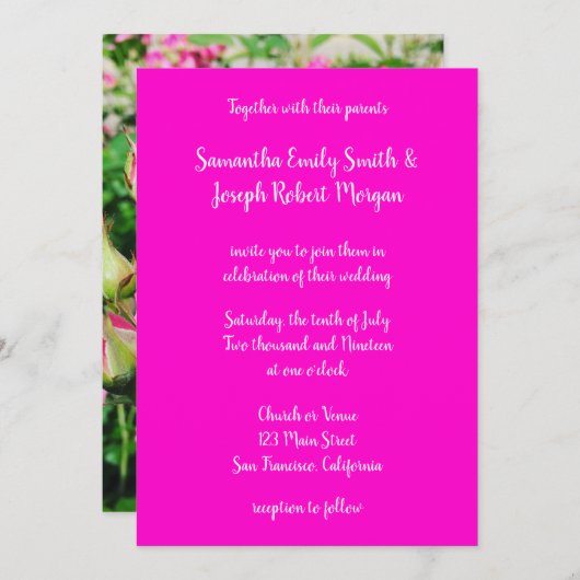 Invitation Calligraphie Rose rose chaud (Devant / Derrière)