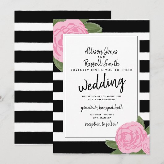 Invitation Calligraphie rose rose noir + blanc Mariage de ban (Devant / Derrière)