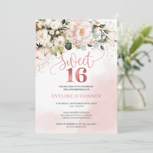 Invitation Calligraphie rose rousse roses verdure douce 16e (Debout devant)