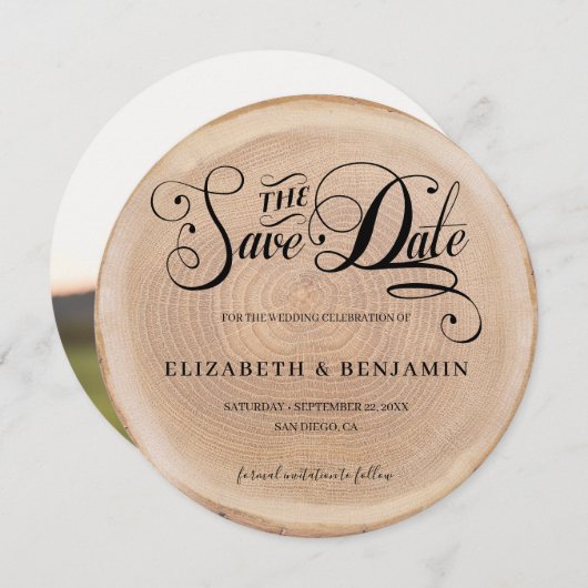 Invitation Calligraphie Round Photo Bois rustique Enregistrer (Devant / Derrière)