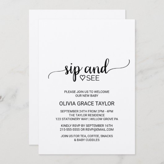 Invitation Calligraphie rustique Kraft Sip and See (Devant / Derrière)