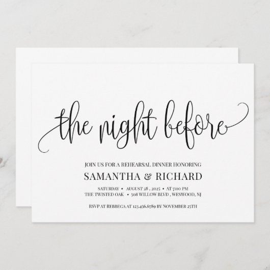 Invitation Calligraphie rustique la veille de la répétition (Devant / Derrière)