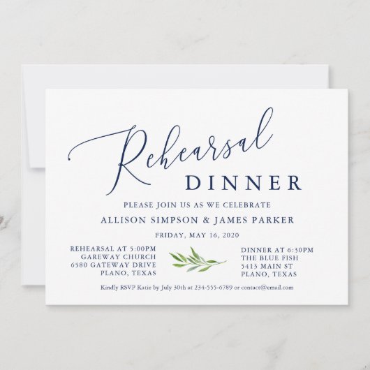 Invitation Calligraphie rustique Verdure Dîner de répétition  (Devant)