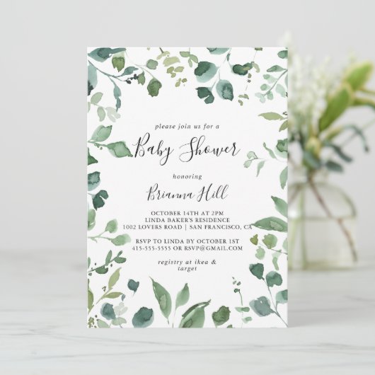 Invitation Calligraphie Script Baby shower de feuillage vert (Debout devant)