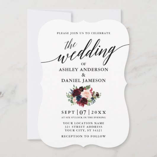 Invitation Calligraphie Script Burgundy Blue Floral Mariage (Devant)
