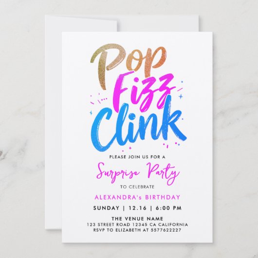 Invitation Calligraphie Script Cool Pop Fizz Clink Rose Bleu (Devant)