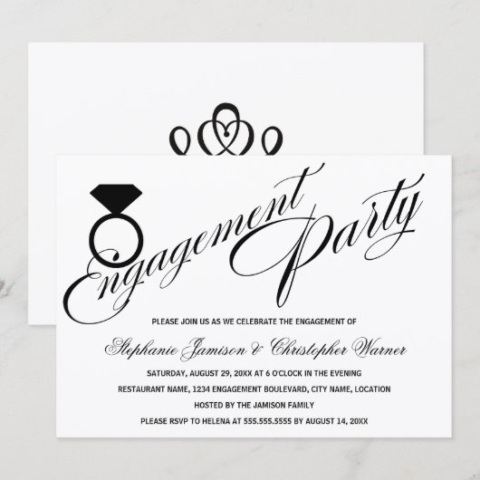Invitation Calligraphie Script Diamond Ring Engagement Party (Devant / Derrière)