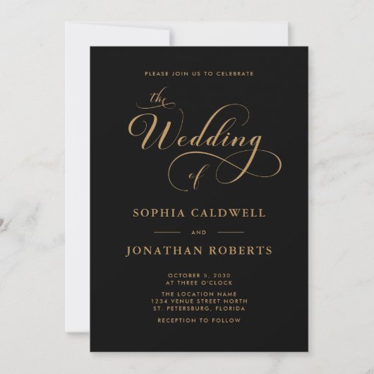 Invitation Calligraphie Script QR Code Black Gold Mariage (Devant)