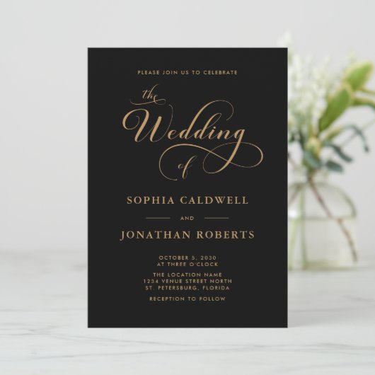 Invitation Calligraphie Script QR Code Black Gold Mariage (Debout devant)
