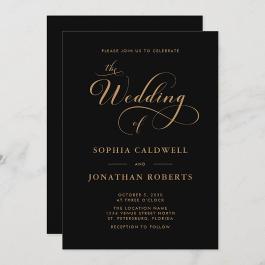 Invitation Calligraphie Script QR Code Black Gold Mariage (Devant / Derrière)