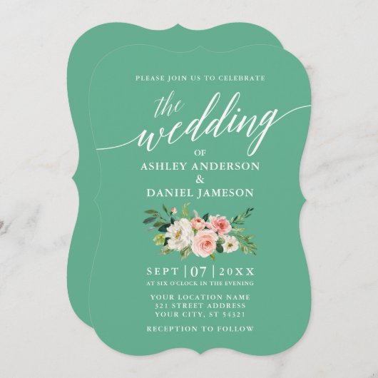 Invitation Calligraphie Script rose blanc floral Neo Mint (Devant / Derrière)