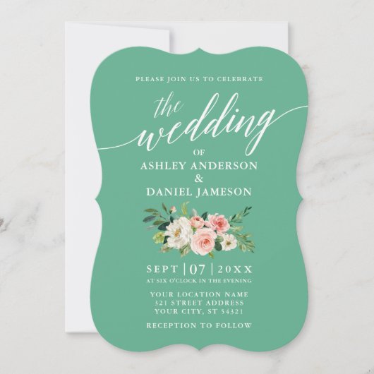 Invitation Calligraphie Script rose blanc floral Neo Mint (Devant)